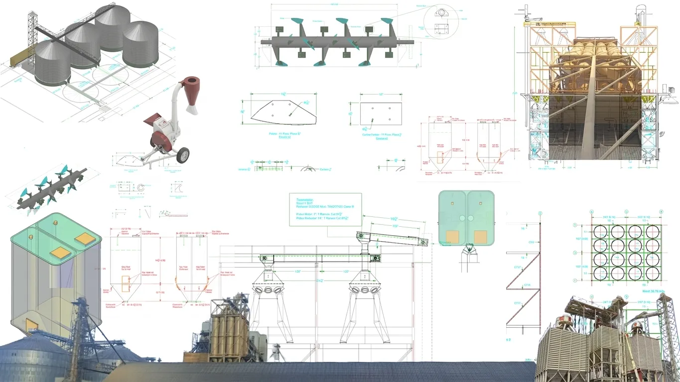 Collage de diseños de ingeniería en CAD y estructuras industriales construidas por Grupo LAIM: silos, transportadores y plantas de proceso.