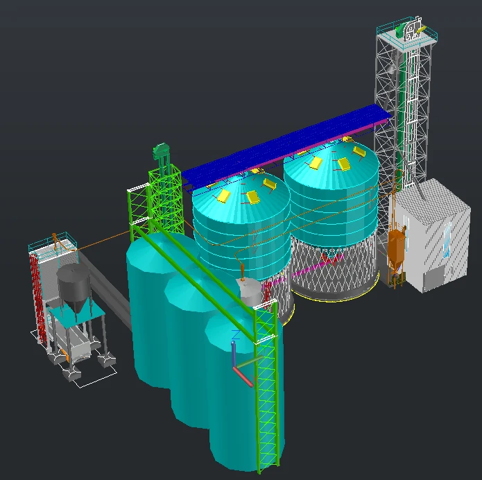 Modelo 3D de planta de proceso modernizada, con silos, elevador y estructura de manejo de granos